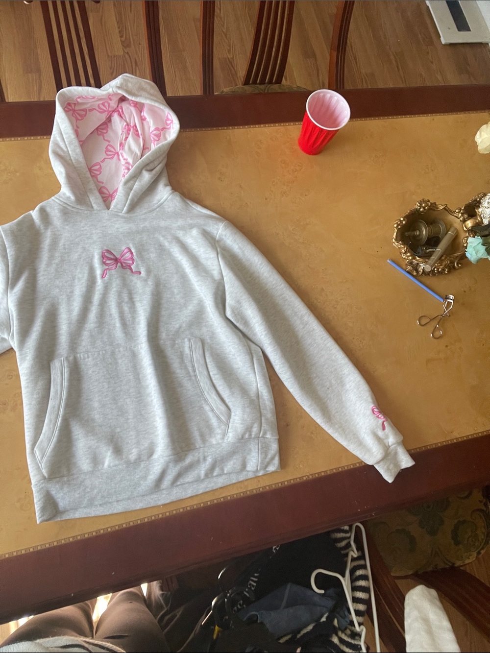 Girls' Light Gray Hoodie with Pink Bow Accent